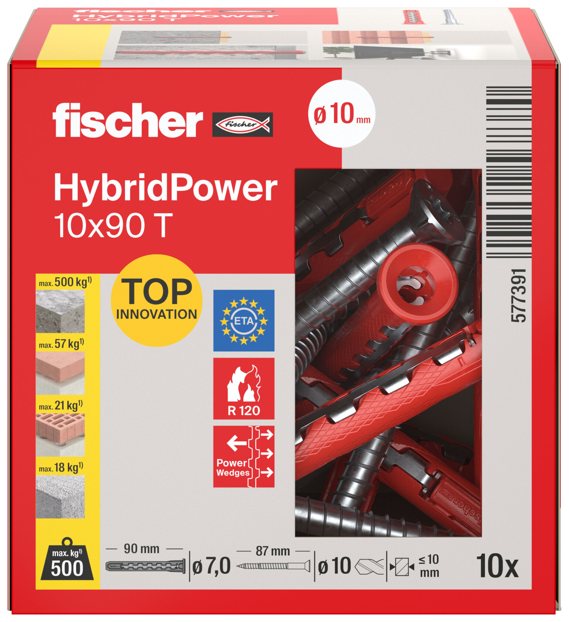fischer HybridPower 10 x 90 T (10), countersunk screw, TX drive